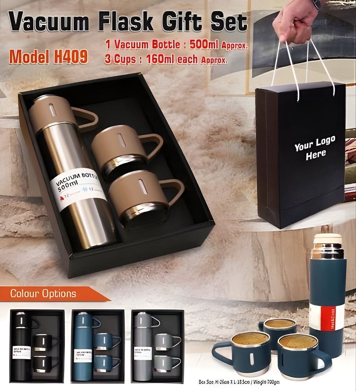 3 Cup Double-Layer Stainless Steel Vacuum Flask Set